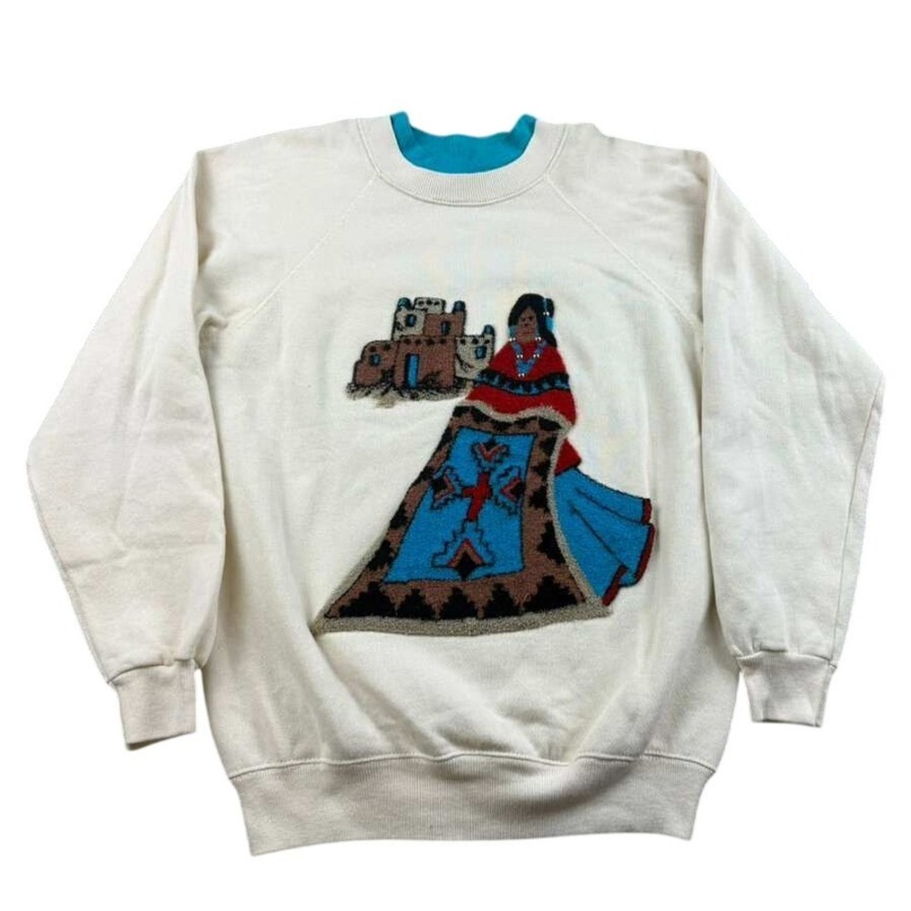 Vintage Hanes Sweatshirt Women M Cream Southwestern Pueblo Native American USA